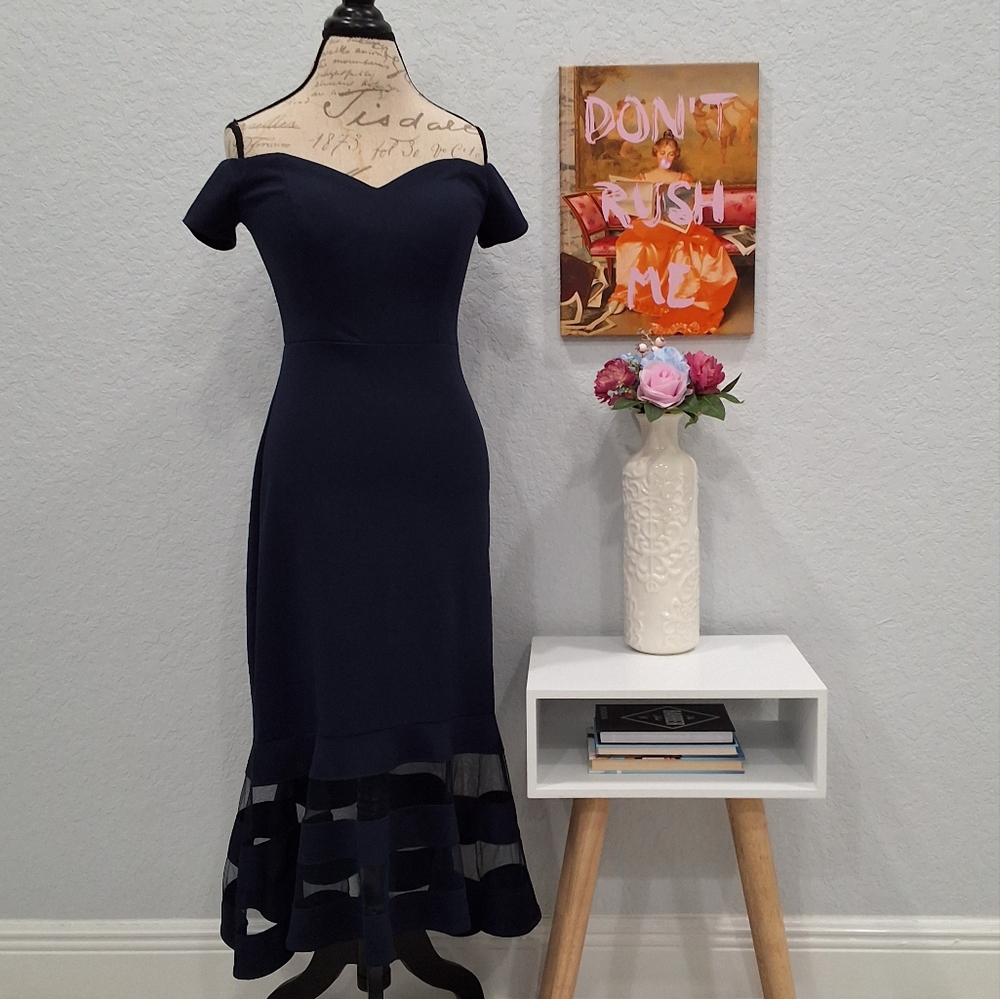 B. Smart Navy Off-Shoulder Midi Dress